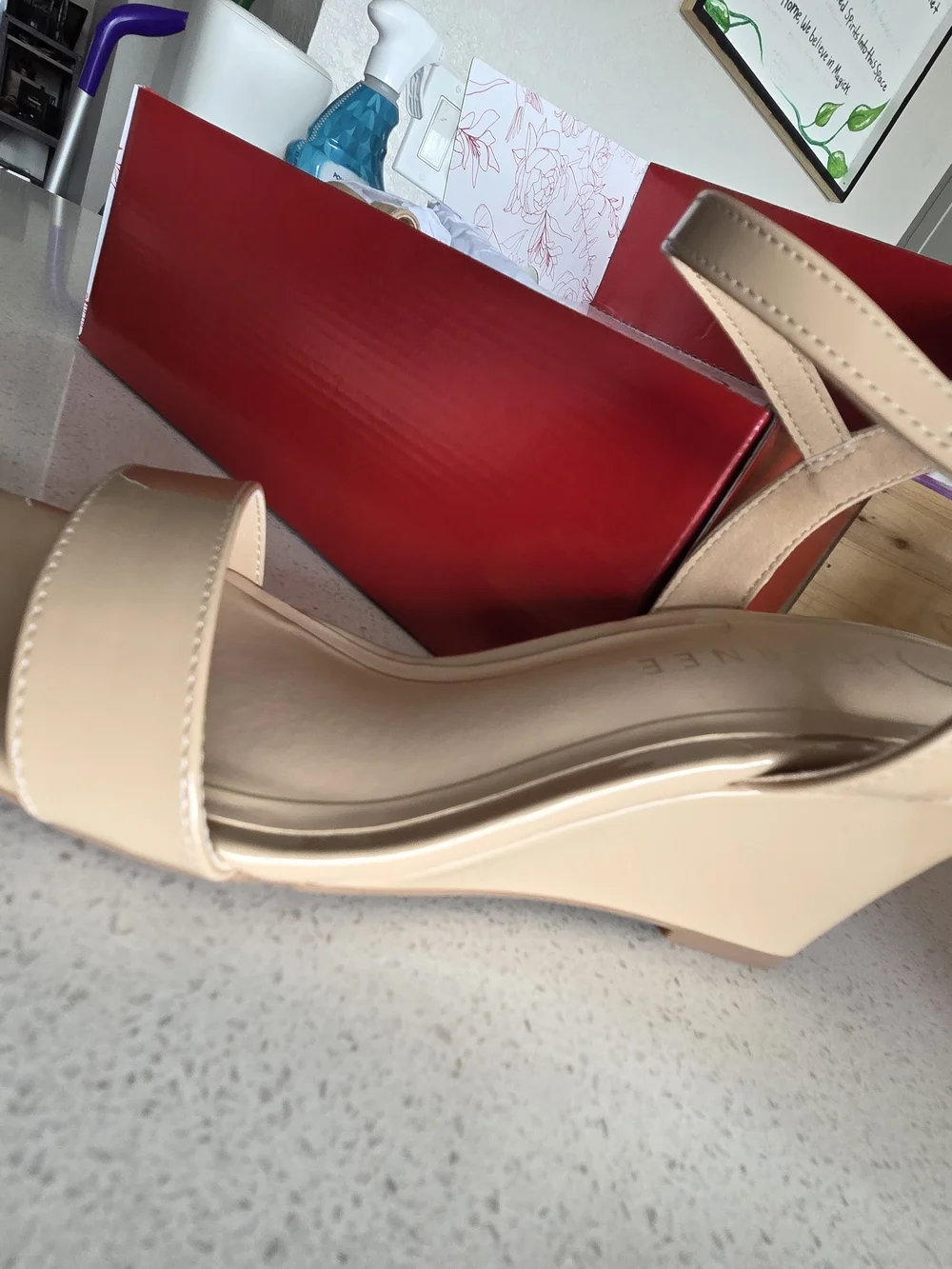 Journee Collection Nude Patent Wedge Sandals with Ankle Strap